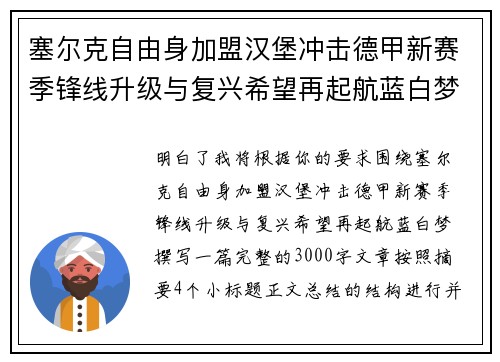 塞尔克自由身加盟汉堡冲击德甲新赛季锋线升级与复兴希望再起航蓝白梦
