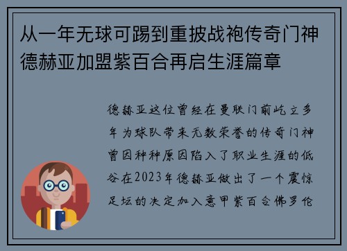 从一年无球可踢到重披战袍传奇门神德赫亚加盟紫百合再启生涯篇章